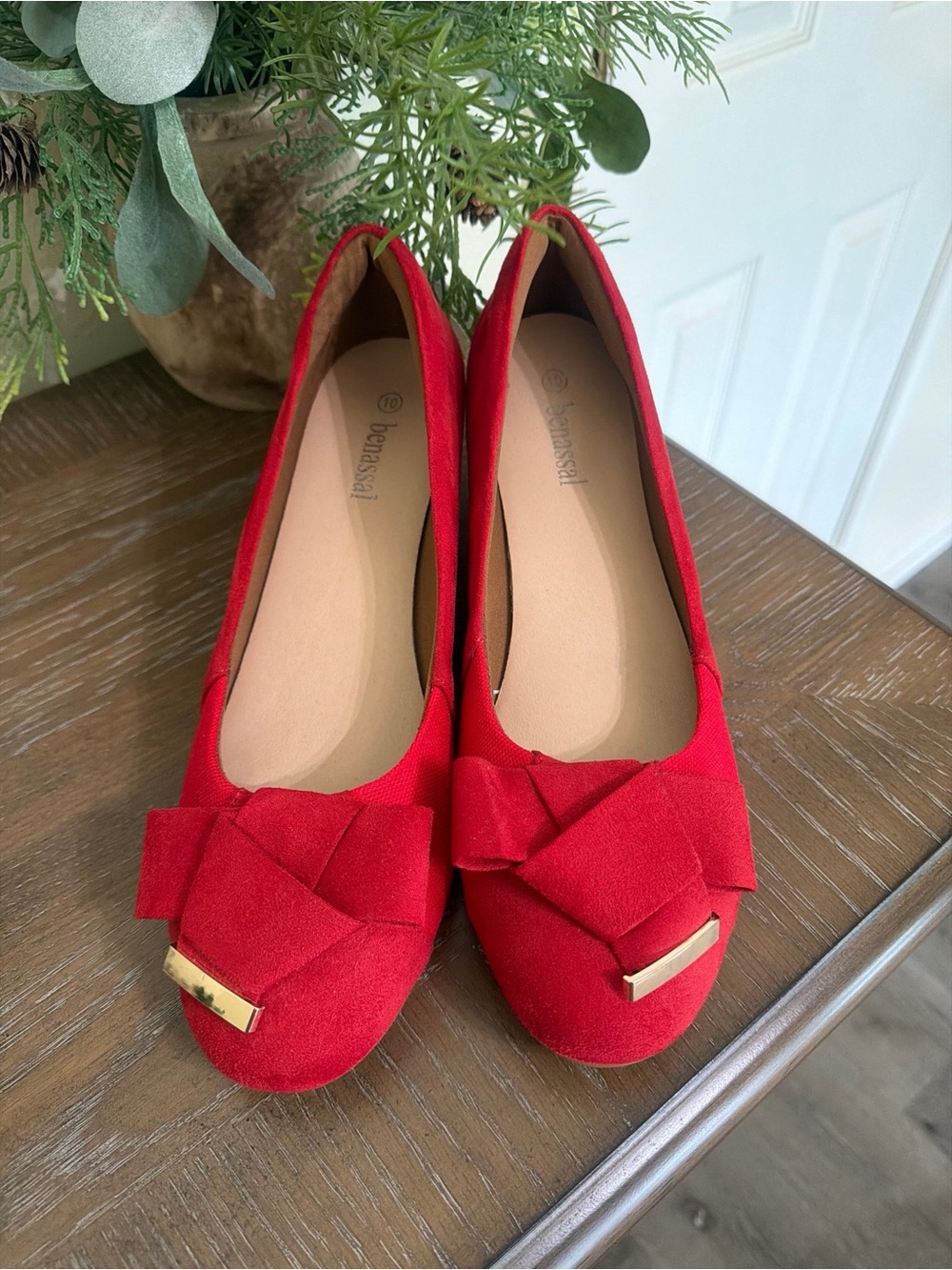 Red Suede Bow-Front Flats with Gold Trim by Benassal